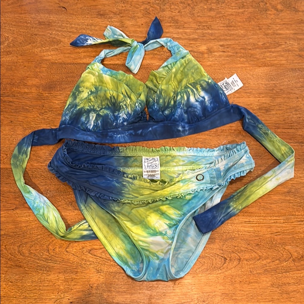 Lucky Brand Blue and Green Tie-Dye Halter Bikini